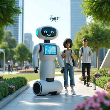 A friendly robot with a sleek, metallic body and glowing blue accents is standing beside a pedestrian in a futuristic urban park. The robot has a rounded head with expressive digital eyes and a friendly smile displayed on its screen. The pedestrian, a young woman with short hair and a casual outfit, looks attentively at a holographic map that the robot projects from its arm. The park features vibrant greenery, with futuristic benches and walking paths lined with colorful flowers and plants. In the background, there are high-tech buildings with glass facades and flying drones capturing images of the park. The atmosphere appears lively, filled with other pedestrians enjoying the space.