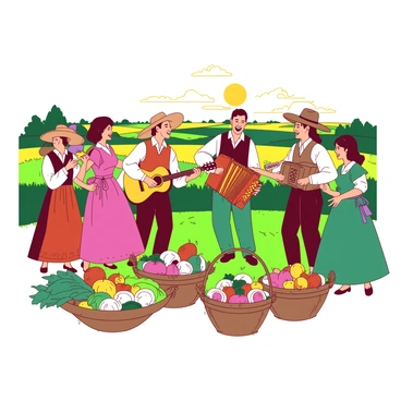 A group of farmers dressed in colorful attire is celebrating a bountiful harvest in a vibrant green field. They are gathered together, laughing and smiling as they engage in traditional dances. Some farmers are playing instruments like a yellow guitar and an orange accordion, creating a lively atmosphere. Surrounding them, there are baskets overflowing with fresh fruits and vegetables, showcasing the fruits of their labor. In the background, the sun is setting, casting a warm glow over the scene, enhancing the joyful spirit of the celebration.