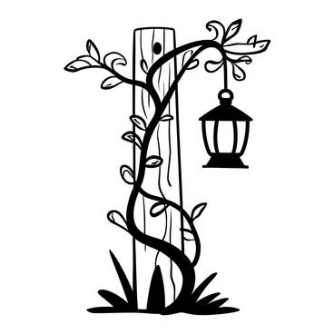A rustic lantern hanging from a weathered wooden post, intricately detailed with iron accents. Twirling ivy vines wrap around the post and extend outward, their leaves sprawling in various directions. The lantern emits a soft glow, casting gentle shadows on the post and the surrounding area. The texture of the wood is visible, with rough bark and aged knots. The scene is filled with the intricate patterns created by the intertwining vines, enhancing the natural, rustic atmosphere.