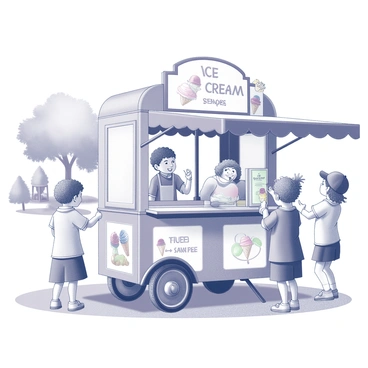 A cheerful ice cream cart with colorful signage is stationed in a park setting. The cart is adorned with images of various ice cream flavors and cones. Nearby, several children are gathered, eagerly reaching out for free samples. One child with curly hair is holding a small cone, while another child with a baseball cap is pointing excitedly at the cart. The scene is lively, with trees in the background and a few families enjoying the park. The atmosphere conveys joy and excitement as children interact with the cart and each other.