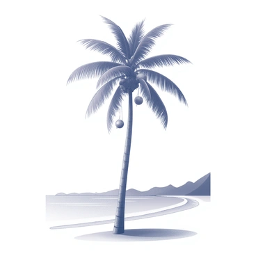 A tropical vector scene of a tall coconut tree with coconuts hanging and a beach in the background.