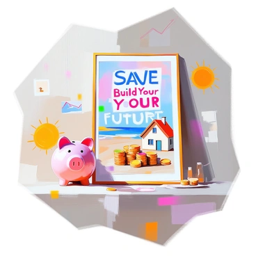 A motivational poster displayed prominently on a wall, featuring the phrase "Save Money, Build Your Future" in bold, eye-catching lettering. The background of the poster showcases a series of vibrant images, including a piggy bank overflowing with coins, a serene beach scene representing dreams of travel, and a cozy home symbolizing stability. Surrounding the poster are additional inspirational images, such as a rising sun symbolizing new beginnings and a graph illustrating upward financial growth. The overall composition conveys a sense of optimism and encouragement, inviting viewers to consider the advantages of saving money.