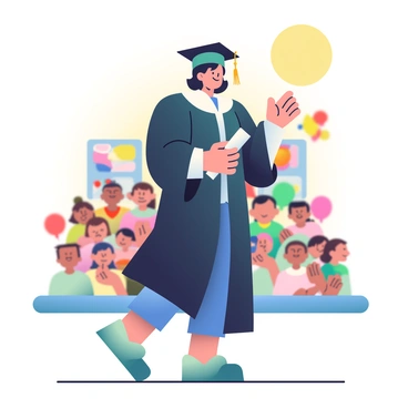 A student with dark hair is wearing a black cap and gown, standing proudly on a stage. The student is holding a diploma in their right hand, and their left hand is raised in a gesture of celebration. The background features a crowd of people, many of whom are clapping and smiling. Colorful balloons and banners are visible in the background, adding to the festive atmosphere. The student’s cap has a tassel hanging down on one side, and they are wearing a white dress shirt under the gown. The sun is shining brightly, casting a warm glow over the scene.