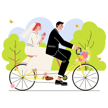 A bride in a white wedding dress is sitting on the back of a tandem bicycle while the groom, dressed in a dark suit, is pedaling in the front. The bicycle is adorned with colorful flowers intertwined around the handlebars and along the frame. The couple is smiling at each other, radiating joy as they ride through a sunny park. A few butterflies are fluttering around them, adding to the cheerful atmosphere. The background features lush green trees and a clear blue sky.