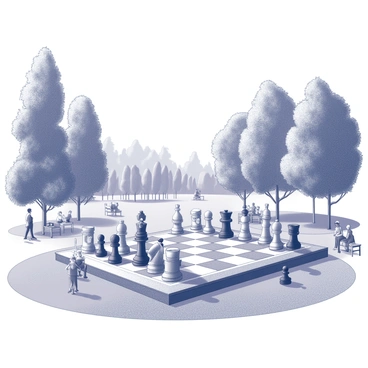 A large outdoor park setting with a giant chessboard on the grass. Several people of diverse backgrounds are actively participating in the game, moving oversized chess pieces that are black and white. A few spectators are watching intently from the sidelines, while others are enjoying the sunny atmosphere, sitting on benches or picnicking nearby. Tall trees surround the area, casting dappled shadows onto the chessboard. The sky above is clear and bright, contributing to the lively and engaging scene.