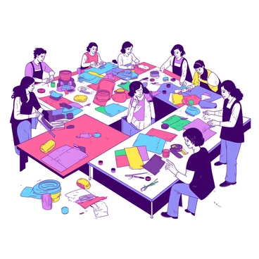 A bright room filled with crafters gathered around several tables. Each table is covered in vibrant materials, including rolls of fabric in various colors, stacks of paper in different textures, and colorful threads neatly arranged. Crafters, both men and women, are engaged in different crafting activities, such as sewing, cutting, and assembling their projects. Scattered around are tools like scissors, glue sticks, and paintbrushes. The atmosphere is lively as people share ideas and techniques while creating their crafts.