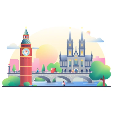 A vibrant cityscape features several iconic historic landmarks and monuments. In the foreground, there is a large, ornate clock tower with intricate architectural details. To its right, a majestic cathedral with tall spires and stained glass windows stands prominently. In the background, a famous stone bridge arches gracefully over a river, with people walking along its path. Scattered throughout the scene are various trees and benches, providing a sense of liveliness and activity. The sky above is a soft gradient of warm colors, indicating either dawn or dusk.