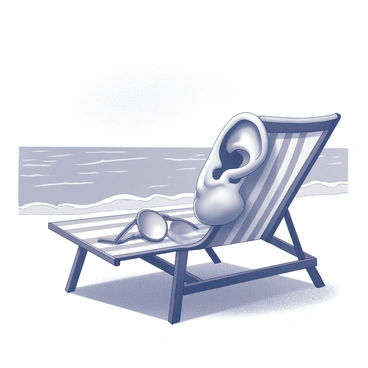 A scene of a human ear relaxing on a beach chair by the seaside, wearing sunglasses.