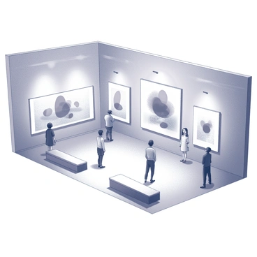 A spacious art gallery with high ceilings and large walls. The walls display a variety of "abstract illustrations" with various shapes and patterns. The gallery floor is polished and empty, providing a clear view of the artworks. Spotlights illuminate each piece, casting gentle shadows on the walls. Visitors are scattered throughout the space, some standing in front of the illustrations, while others are seated on benches contemplating the art.