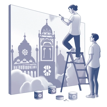 An artist is standing on a ladder, applying paint to a large mural that covers a wall. The mural is filled with intricate designs featuring symbols representing various cultures, including patterns inspired by tribal art and iconic architecture. The artist holds a paintbrush in one hand while using the other to steady themselves. Surrounding the mural are splashes of paint cans, each labeled with different symbols of acceptance. The artist’s focused expression conveys dedication to their work. The area around the mural is bustling, with onlookers observing the process and discussing the mural's themes.