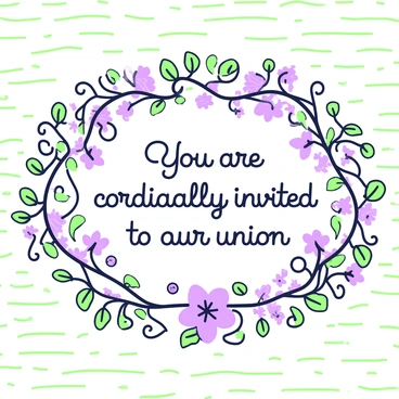 An ornate wedding invitation rests on a textured surface. The invitation features intricate floral designs surrounding the edges, with detailed leaves and petals. The center displays a beautifully scripted text that reads "You are cordially invited to celebrate our union." The design is complemented by delicate motifs that mimic vines, enhancing its elegance. The overall composition is balanced, drawing attention to the text while the floral elements frame it harmoniously.