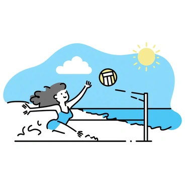 A woman in a blue swimsuit is diving to hit a volleyball on a beach court. The sun is shining brightly, casting warm light on the scene. The volleyball is just above her reach, and the sand is being kicked up around her as she stretches out. The background features a clear blue sky and gentle waves lapping at the shore.