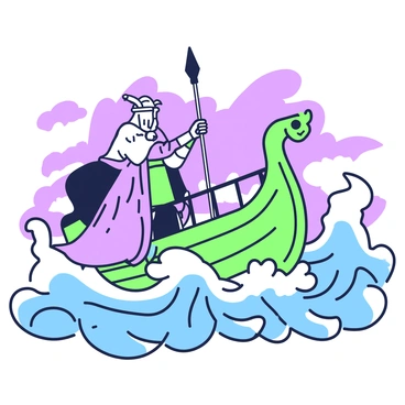 Odin is standing on the deck of a ship, preparing to embark on a journey across a turbulent sea. He is dressed in a long, dark cloak that billows in the wind. In his right hand, he holds a spear, while his left hand grips the ship's railing. The sea is churning with large, foamy waves, splashing against the sides of the ship. In the background, dark storm clouds gather in the sky, enhancing the sense of a fierce journey ahead. The ship features a dragon-shaped prow, adding to its fierce appearance as it cuts through the rough waters.