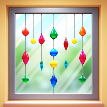 A window sun catcher with multiple hanging gemstones suspended in an intricate arrangement. The gemstones are of various shapes, including teardrops, spheres, and prisms, and display vibrant colors such as deep red, bright blue, emerald green, and sunny yellow. Sunlight filters through the gemstones, creating a dazzling array of colorful light patterns on the surrounding surfaces. The background features a soft, blurred view of the outdoors, enhancing the effect of the colorful reflections.