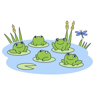 A cluster of cartoon frogs in various shades of green sitting on round lily pads. The frogs are depicted with simple features, such as large eyes and wide smiles. Surrounding the lily pads is calm water, reflecting the shapes of the frogs. The marsh background includes stylized, minimalistic reeds and a few dragonflies hovering nearby.