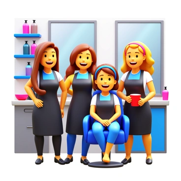 A group of three hairdressers standing together in a salon, sharing smiles and laughter. One hairdresser, with long brown hair styled in loose waves, is wearing a black apron and holding a pair of scissors. The second hairdresser, with short blonde hair, is leaning against a wall with a bright red coffee cup in hand. The third hairdresser, sporting a colorful headband, is sitting on a salon chair, crossing her legs with a playful expression. The background includes salon mirrors, hair products on shelves, and a vibrant decor that enhances the lively atmosphere.