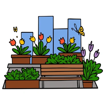 A rooftop garden in a city with a variety of vibrant plants and flowers. The scene features colorful blossoms in shades of red, yellow, and purple, interspersed with lush green foliage. Potted plants are arranged on the rooftop, some sitting on wooden planter boxes. In the background, city buildings rise, showcasing a clear blue sky above. A small wooden bench provides a cozy spot to sit, surrounded by the greenery. Butterflies flutter among the flowers, adding a lively touch to the urban oasis.