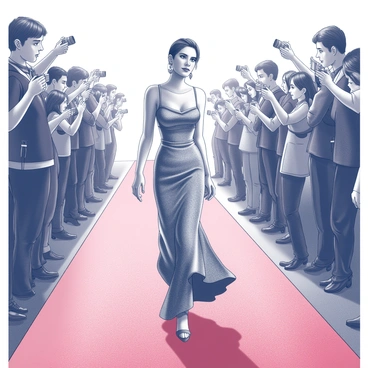 A glamorous celebrity is walking confidently down a long red carpet. The carpet is bordered by an array of photographers, each capturing the moment with their cameras raised. The celebrity is dressed in an elegant gown that flows gracefully as they walk. Their hair is styled impeccably, and they wear striking accessories that catch the eye. The atmosphere is lively, with flashes from camera lights illuminating the scene. The background features a large crowd of fans eagerly watching and cheering. The event exudes a sense of excitement and celebrity culture.