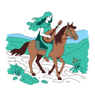A teal bard is riding a brown horse down a rocky cobblestone road. The bard has long flowing hair and is wearing a colorful cloak that billows in the wind. They are strumming a lute with focused concentration, producing melodic sounds as they travel. Surrounding the bard and horse, there are patches of grass and a few wildflowers growing alongside the road. In the background, there are hints of rolling hills under a clear blue sky.