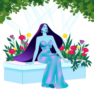 A glamorous diva with long, flowing hair, wearing an elegantly designed, iridescent gown that shimmers in the light. She is sitting gracefully on a plush, white garden bench surrounded by a vibrant array of flowers in full bloom, including roses, daisies, and tulips, each in bright shades of red, yellow, and purple. The garden is lush and well-kept, with green foliage framing the scene. Sunlight filters through the leaves above, casting delicate patterns of light and shadow around her. She gazes thoughtfully at the colorful landscape, embodying beauty and tranquility in this vibrant setting.