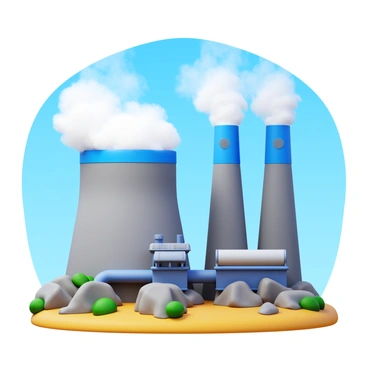 A geothermal energy plant with large pipes and machinery. Steam is actively rising from the ground and dispersing into the sky, creating a misty effect. The plant features large cylindrical structures and heavy-duty equipment, set against a clear blue sky. The landscape includes rocky terrain and patches of green vegetation surrounding the facility.