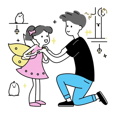 A big brother, wearing a black t-shirt and jeans, is kneeling beside his younger sibling. The sibling, a girl with pigtails, is excitedly trying on a colorful Halloween costume that resembles a fairy. The brother is gently adjusting the costume's wings, which are made of shiny fabric and have glittery accents. There are various Halloween decorations, such as pumpkins and ghosts, in the background. The room is lit warmly, creating an inviting atmosphere.
