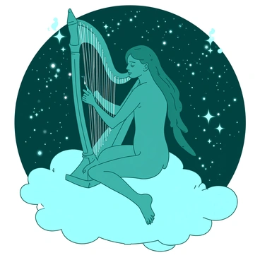 A teal figure representing "Lucifer" is gracefully seated on a luminous silver cloud. He is playing a harp made entirely of shimmering starlight, with each string glowing brightly against the dark backdrop. Around him, the cosmic setting is filled with swirling galaxies and clusters of sparkling stars, creating an expansive view of space. The harp emits a soft light, casting reflections on his serene expression. The entire scene is bathed in a mystical glow, enhancing the ethereal quality of the moment.