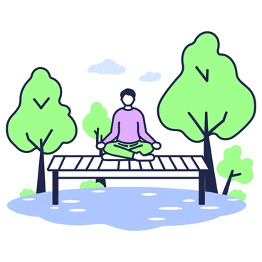 A person is sitting in a meditative pose on a wooden dock that extends over a calm lake. The individual has their legs crossed and hands resting on their knees, wearing comfortable clothing. Surrounding the dock, there are several tall trees leaning over the water, their reflections visible on the still surface of the lake. The scene conveys a sense of peace, with gentle ripples occasionally disturbing the reflections. The sky above shows soft clouds and a hint of light.