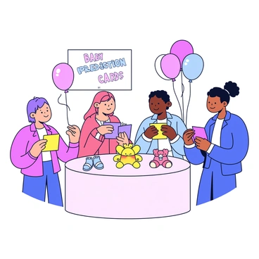 A group of guests, both adults and children, are gathered around a small table. Each guest is holding a colorful card and a pen, focused on writing down their predictions. The table is decorated with a light pastel tablecloth and has a small arrangement of balloons in the background, featuring pink and blue colors. A sign on the table reads "Baby Prediction Cards" in playful letters. In front of the guests, there is a baby-themed centerpiece, including a tiny pair of booties and a plush teddy bear.