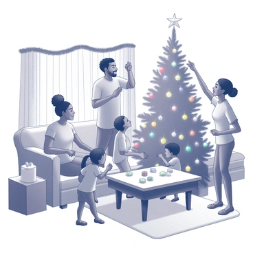 An African American family is gathering in their living room to decorate their home for a holiday celebration. The scene includes a father and mother hanging colorful ornaments on a large Christmas tree. Their children are playing nearby, with one holding a string of lights, while another is placing decorations on a table. The walls are adorned with festive garlands and there are holiday-themed decorations scattered throughout the room. The atmosphere is filled with expressions of joy and laughter, creating a warm and inviting environment for the celebration.