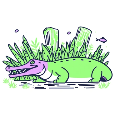 A massive prehistoric crocodile is positioned in a dense ancient swamp. The crocodile has a long, powerful body with thick scales, partially submerged in murky waters. Its eyes are sharply focused, and its jaws are slightly open, revealing rows of sharp teeth. Surrounding the crocodile, tall, overgrown plants and ferns create a lush, tangled environment. In the background, thick tree trunks are partially covered in moss, while small ripples in the water indicate movement. A few small fish can be seen darting away in the water. The overall atmosphere of the swamp is one of stillness, interrupted only by the crocodile's predatory presence.