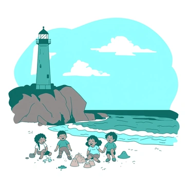 A lighthouse overlooking a calm, sandy beach with children playing nearby