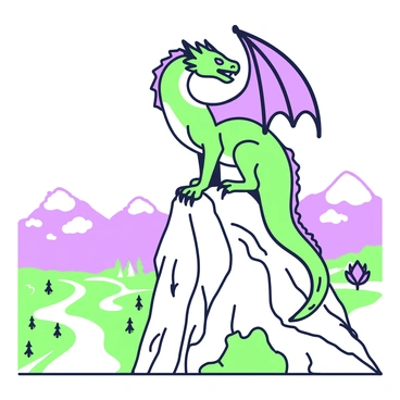 A majestic dragon is perched atop a rugged mountain peak. The dragon has large, intricately scaled wings folded against its body, and its sharp claws grip the rocky surface. Its long tail cascades down the side of the mountain, and its head is turned, showcasing fierce, piercing eyes and a mouth slightly open, revealing pointed teeth. Surrounding the dragon, the mountain is rugged with jagged cliffs and sparse vegetation clinging to the stone. Below, a valley stretches out, dotted with small trees and a winding river that reflects the light. The sky above is clear, allowing sunlight to illuminate the dragon's scales, creating a striking visual contrast with the mountain.