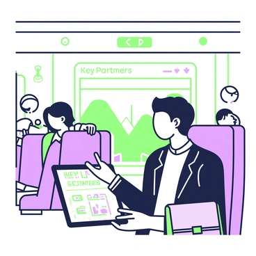 An entrepreneur is seated on a train, focused on using a tablet in front of them. The tablet displays a business model canvas filled with various sections, including key partners, key activities, and customer segments. The entrepreneur is wearing a dark blazer over a light shirt, with a messenger bag resting on the seat beside them. The train interior features rows of seats with overhead lights and windows showing a blurred view of a passing landscape. Other passengers can be seen in the background, some reading or looking out the window. The entrepreneur appears engaged and determined as they touch the tablet screen, adjusting elements of the canvas.