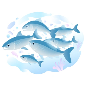 A large school of mackerel is swimming in unison through the clear blue ocean. The mackerel exhibit shimmering scales reflecting the light, creating a gradient of blues and silvers as they move together. Bubbles trail behind them, adding a dynamic effect to their movement. Sunlight penetrates the water, casting a soft glow around the fish, while the gentle currents create a serene wave-like effect in the backdrop. Coral and seaweed can be seen faintly in the distance, enhancing the underwater scene.
