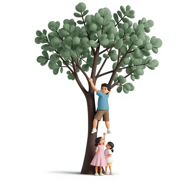 A young boy, wearing a blue t-shirt and brown shorts, is climbing a large oak tree. He is gripping a thick branch with one hand while reaching up with the other hand to grab another branch. Below him, a girl, dressed in a pink dress and white sandals, is looking up with a smile, encouraging him. The tree is tall with a sturdy trunk, and its branches are full of vibrant green leaves, creating a lush canopy above them. Sunlight filters through the leaves, casting dappled shadows on the ground.