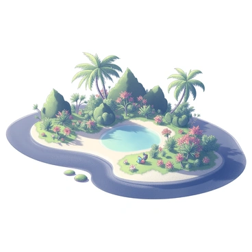 A large island surrounded by water. The landscape features a lagoon at its center, with clear water gently reflecting the sunlight. Lush greenery covers the island, including various types of foliage and numerous vibrant flowers in full bloom scattered throughout the area. Inhabitants of the island are exotic animals, such as colorful birds perched on branches and small creatures moving through the underbrush. The scene displays a flourishing natural environment, rich in detail and life.