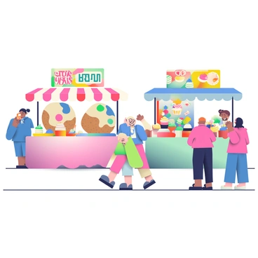 A row of food stalls is filled with vibrant, illustration-themed snacks. One stall features large cookies shaped like paint palettes, each decorated with colorful icing resembling blobs of paint. The cookies are displayed on a white tablecloth, surrounded by smaller treats. Nearby, another stall showcases cupcakes topped with swirls of frosting in various colors, resembling an artist's color wheel. Brightly colored banners hang above each stall, advertising the unique snacks, while people gather around, admiring the playful designs and taking photos.