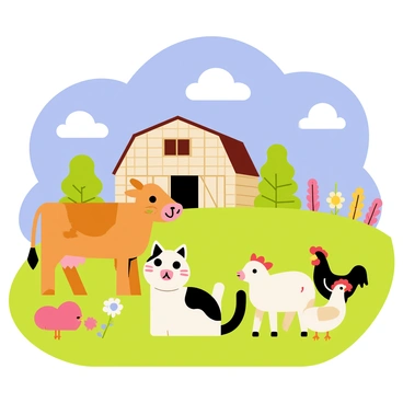 A peaceful farm scene featuring a variety of animals in a green pasture. In the foreground, a lucky cat with a raised paw sits playfully among a group of animals, including a brown cow, a white sheep, and a few chickens. The sky is bright blue with fluffy white clouds scattered above. A wooden barn stands in the background, surrounded by colorful flowers and greenery. The lucky cat has a joyful expression, adding a lively spirit to the farm atmosphere.