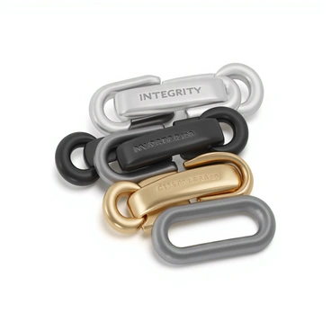 A chain made up of several metal links, each link distinctly designed to represent a different value offered by a company. The first link is polished silver, engraved with the word "Integrity" in bold letters. The second link is a matte black finish, featuring the word "Innovation" in a modern font. The third link is gold-plated, adorned with the word "Customer Focus" elegantly scripted, while the fourth link has a brushed aluminum texture, showcasing the word "Quality" in a strong, industrial style. The links are interconnected, creating a visual representation of the company's core values, and the chain is depicted against a neutral background to emphasize the details of each link.