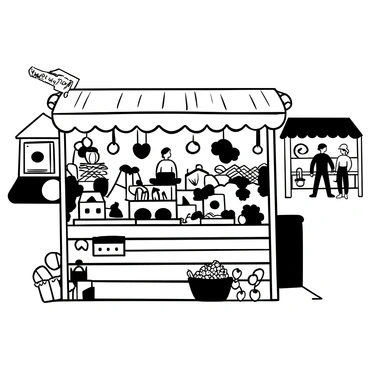 A market stall made of wooden planks with a thatched roof, displaying various "chestnut crafts" arranged neatly on the surface. There are "decorations" like painted chestnuts, small chestnut animals, and string ornaments hanging from the edges. A basket filled with whole chestnuts sits beside the crafts. The background features an assortment of other market stalls, with people browsing and interacting. Some decorative banners with text "artisan market" are visible, fluttering in a gentle breeze.