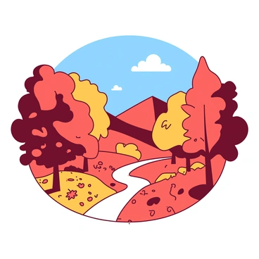 A duotone illustration depicting an autumn landscape filled with trees in vibrant shades of orange and red. The background features a clear blue sky, contrasting beautifully with the rich colors of the foliage. Leaves are scattered on the ground, creating a colorful carpet beneath the trees. A small, winding path cuts through the scene, inviting viewers to walk into this picturesque setting. There are distant hills in the background, softly blending with the warm tones of the trees.