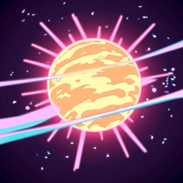 A dramatic solar flare erupting from the surface of the sun, sending out vibrant energy waves radiating into space. The thermosphere is illuminated with bright, swirling colors of orange, yellow, and pink, creating a dynamic contrast with the dark backdrop of space. The energy waves ripple outward, distorting the surrounding atmosphere with a shimmering effect. Small particles and plasma can be observed swirling in the wake of the solar flare, adding to the sense of movement and intensity in the scene.