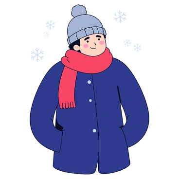 A person wearing a thick winter coat in a dark blue color. They are bundled up with a knitted gray beanie on their head. A cozy red scarf is wrapped tightly around their lower face, leaving only their eyes visible. The person’s hands are tucked into their coat pockets, and they are standing in a snowy environment with subtle snowflakes falling around them.