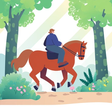 A rider with light brown hair is sitting atop a chestnut horse on a forest trail. The rider is wearing a navy blue jacket and dark riding pants. Sunlight filters through the lush green leaves of the trees, creating dappled patterns on the ground. The horse is stepping carefully along the dirt path, flanked by tall ferns and wildflowers. In the background, the trees stretch high, their trunks covered in moss, while soft beams of sunlight illuminate the scene. The atmosphere is lively with the sounds of birds chirping and leaves rustling in the gentle breeze.