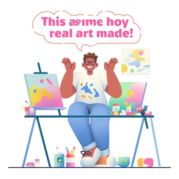 A character showing their messy workspace and exclaiming, 'This is how real art is made!' with a proud grin.
