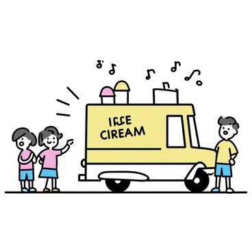 An ice cream truck, painted in bright colors, parked on a sunny street. The truck has "Ice Cream" written in bold letters on its side. Musical notes in various sizes are swirling around above the truck, illustrating the sound of the jingle it plays. The truck is surrounded by a few children, eagerly looking up at it, their faces filled with excitement.