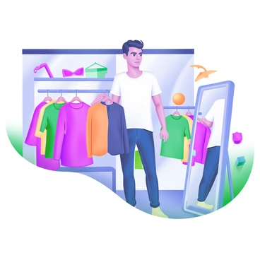 A young man standing in a clothing store inside a mall, examining a variety of stylish clothes on display. He is casually dressed, wearing a fitted t-shirt and jeans, with a thoughtful expression as he holds a trendy jacket in one hand. The store is filled with colorful clothing racks and fashionable accessories. Soft lighting highlights the vibrant colors of the clothes and the modern decor of the store. A full-length mirror is positioned nearby, showing the young man as he considers his outfit choices.