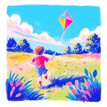 A child with short brown hair is running in a green field. They are wearing a bright red t-shirt and denim shorts. In their hands, they are holding a string attached to a colorful diamond-shaped kite that has a pattern of yellow and blue stripes. The kite is soaring high against a clear blue sky dotted with a few fluffy white clouds. The sunlight casts a warm glow over the scene. In the background, there are distant trees swaying gently in the breeze.