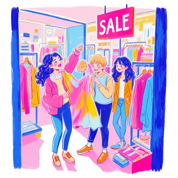 A group of three friends is inside a brightly lit clothing store. One friend, a girl with curly hair, is holding up a colorful dress with excitement. The second friend, a boy with short blond hair, is rummaging through a rack of clothes, searching for the perfect shirt. The third friend, a girl with straight black hair, is checking out shoes on a display nearby. The store is filled with various clothing items, and a sale sign hangs prominently above them. The friends are all smiling and appear to be enjoying their shopping experience.